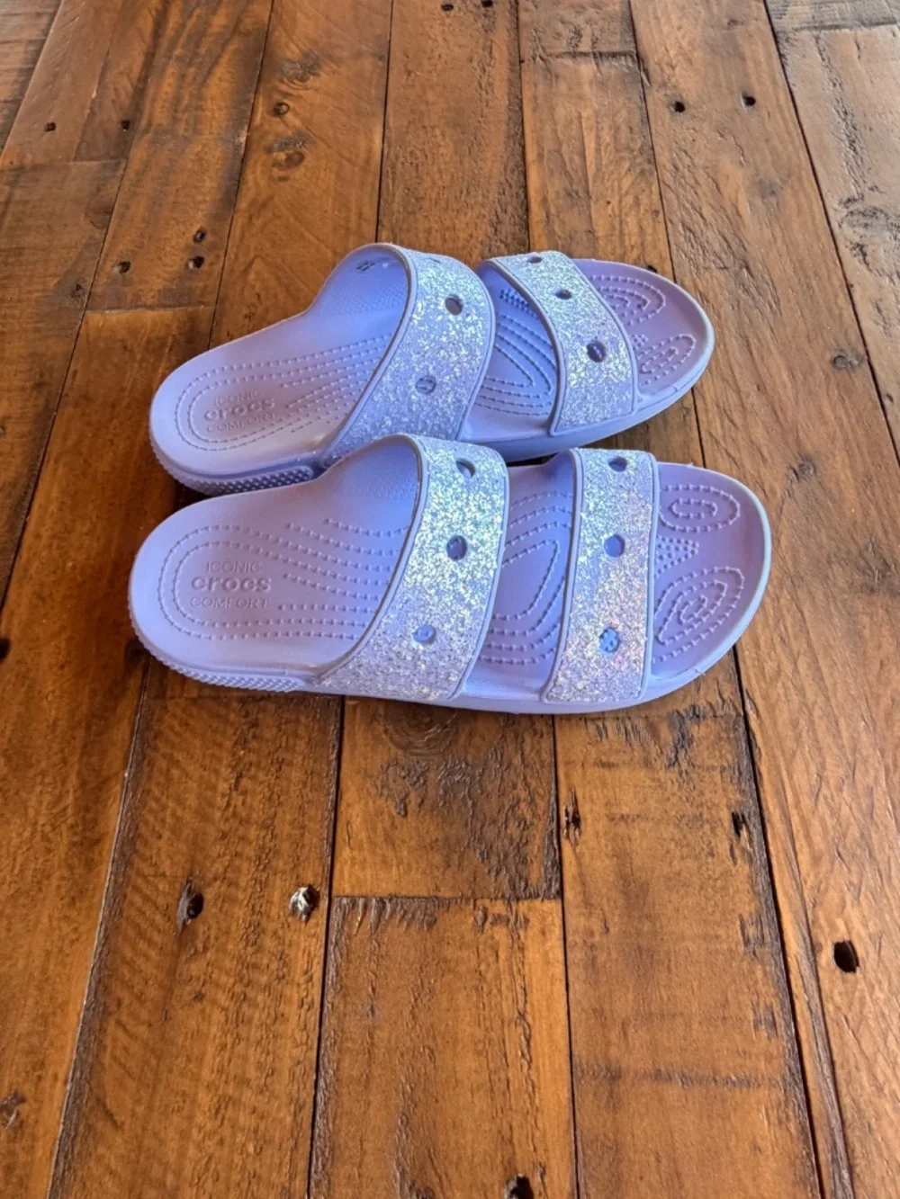 Crocs Glitter Double Strap Slides Lavender Purple Girls J5 Sandals EUC
